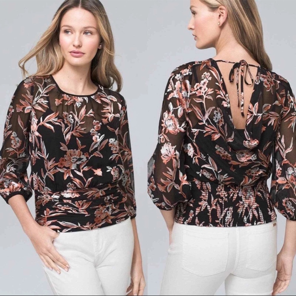 WHBM Floral Burnout Silk Rayon Blouse Draped Cowl Back Sheer Sleeve Smocked Top
